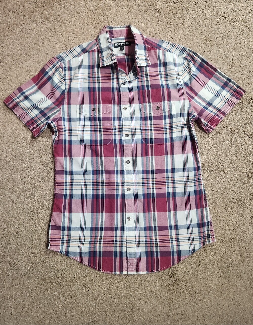 Express Men’s Short Sleeve Plaid Button-Up Shirt - Maroon/White/Blue Size: Small